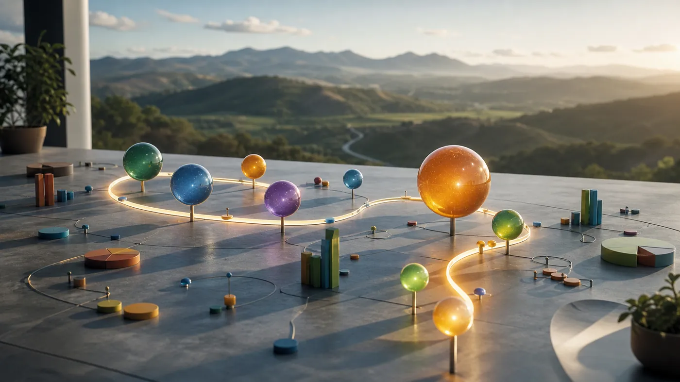 Concept image of glowing weighted spheres balanced along a luminous curved track, each a different hue