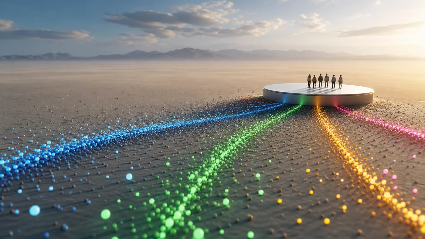 Concept image of scattered particles of light organizing into a few clear confident streams toward a focal point