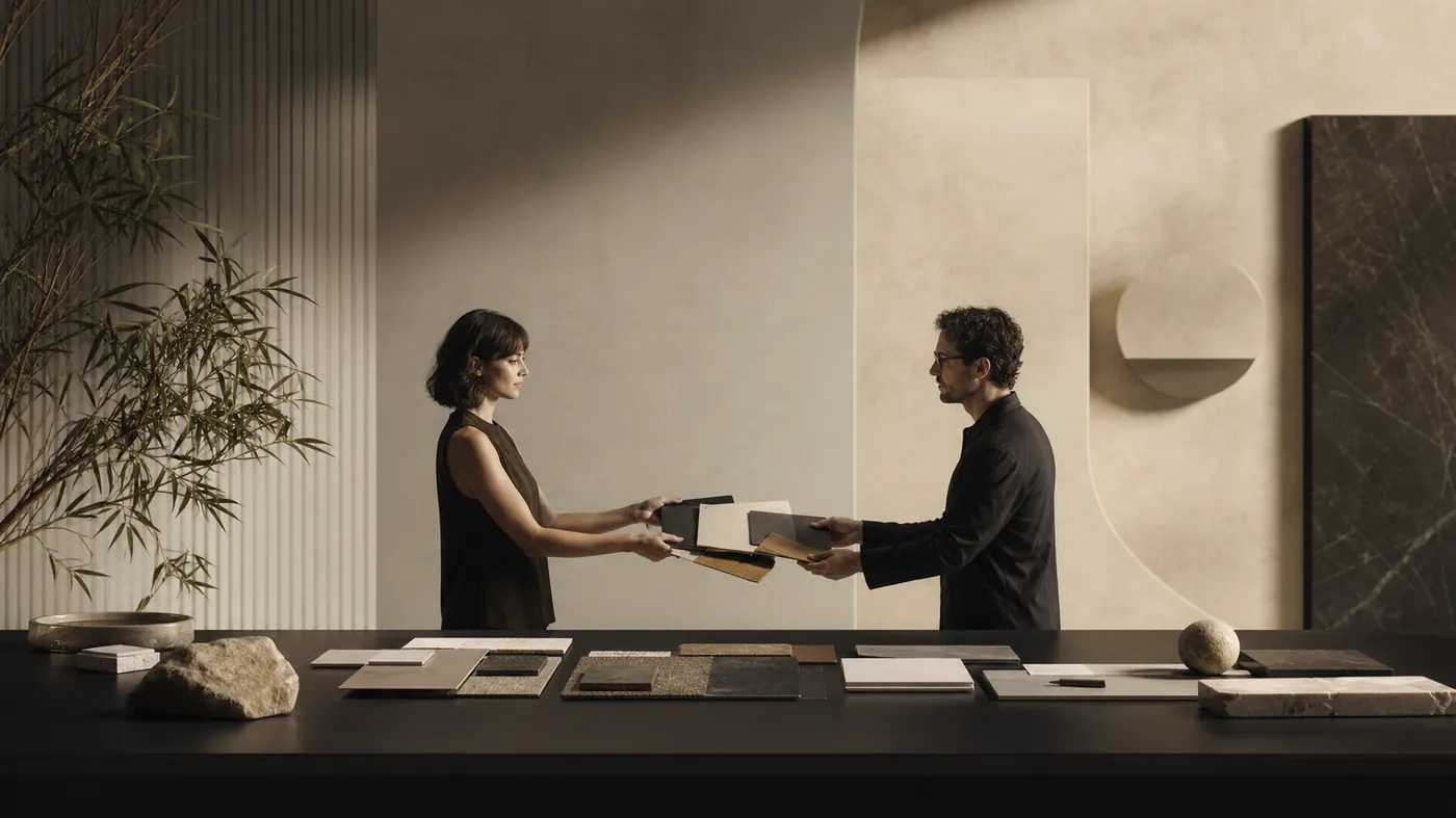 Two hands passing premium paper samples and fabric swatches across a dark table