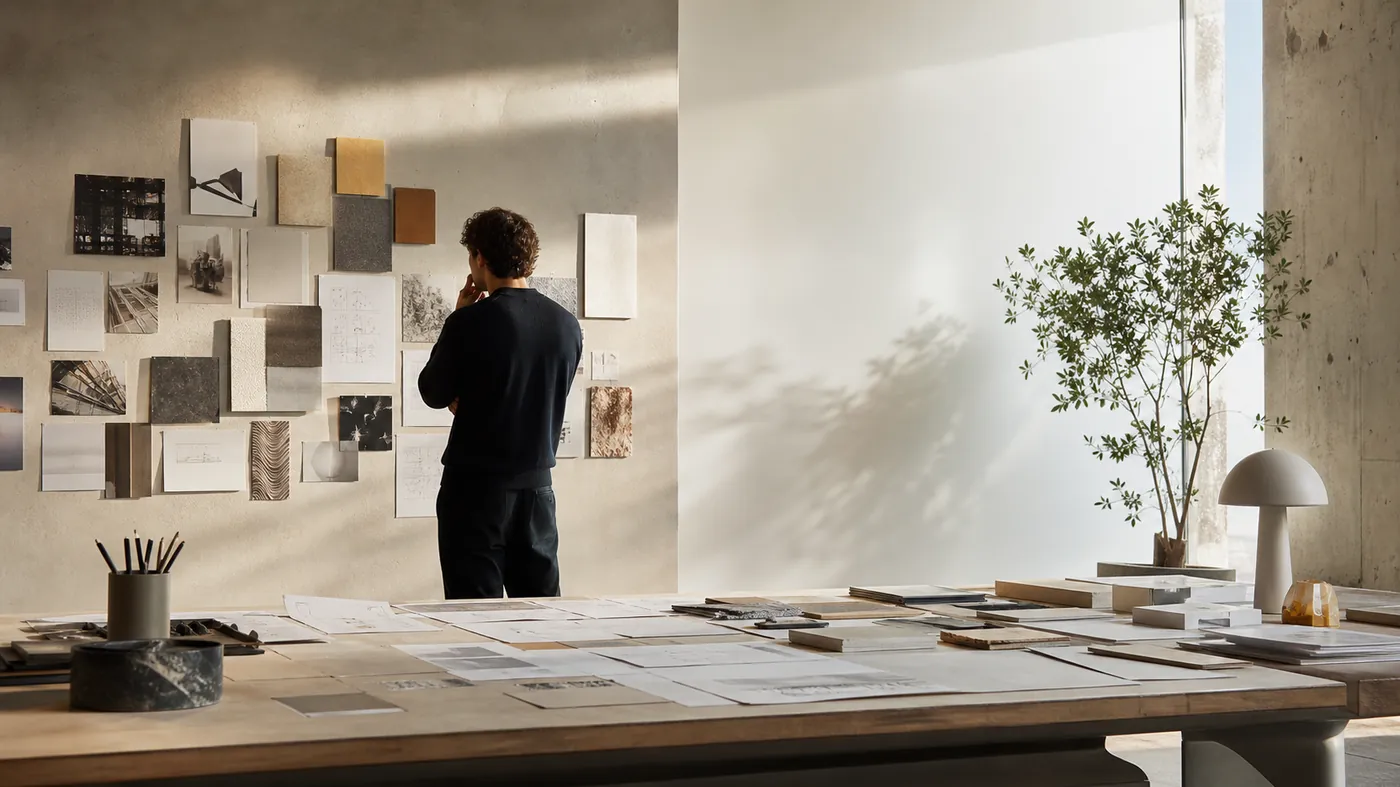 A studio desk with brand blueprints and material swatches under warm light