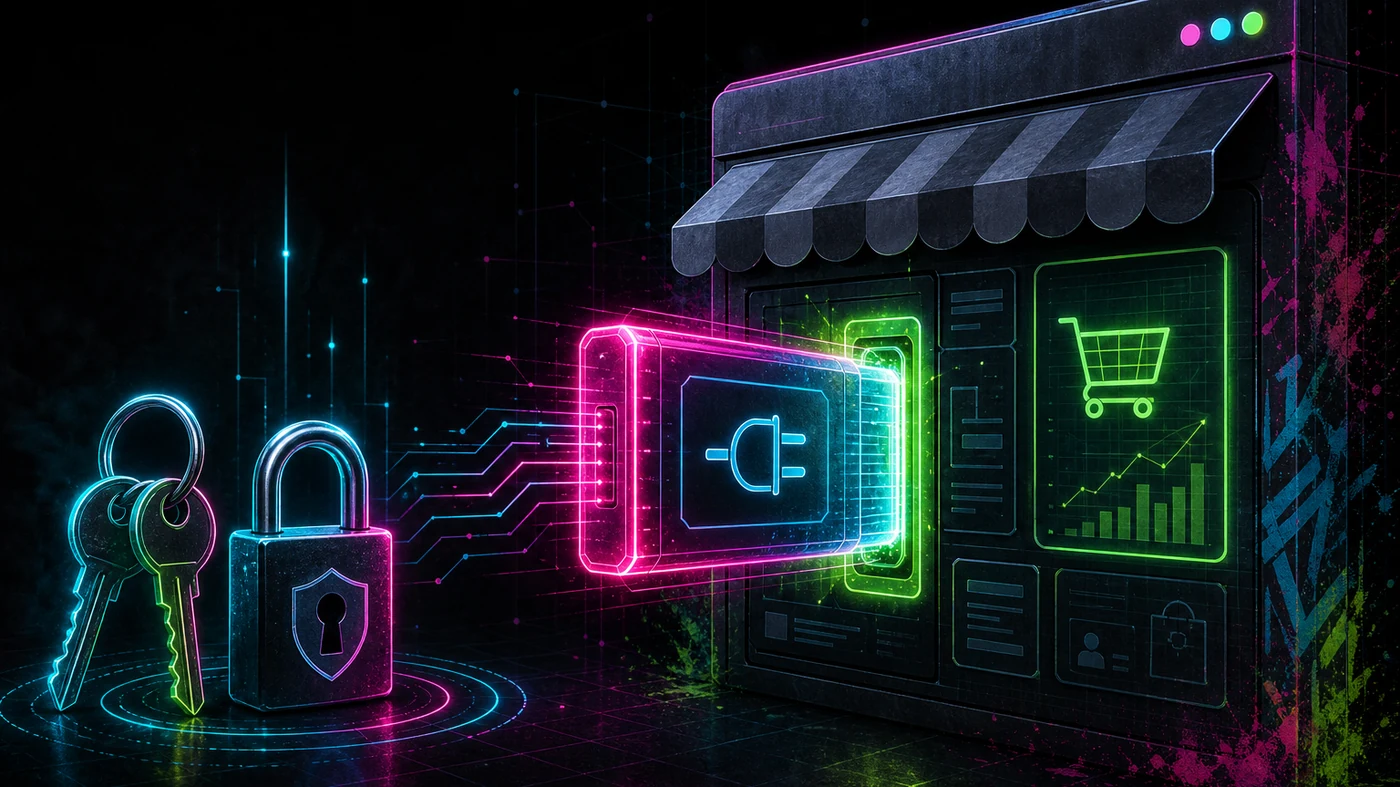 A glowing neon plug-in module clicking into a stylized storefront while keys and a padlock stay locked and separate