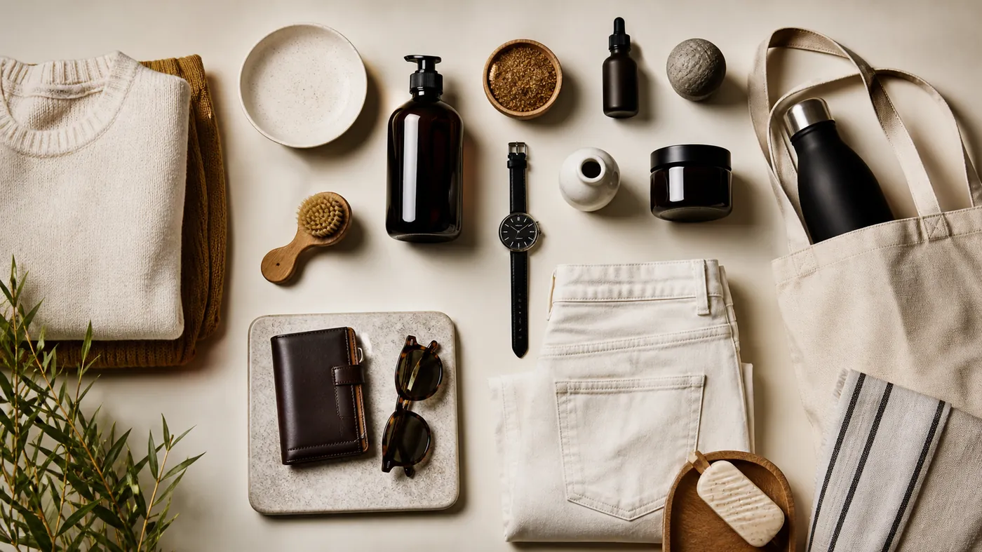 Overhead flat-lay of a coordinated set of complementary lifestyle objects
