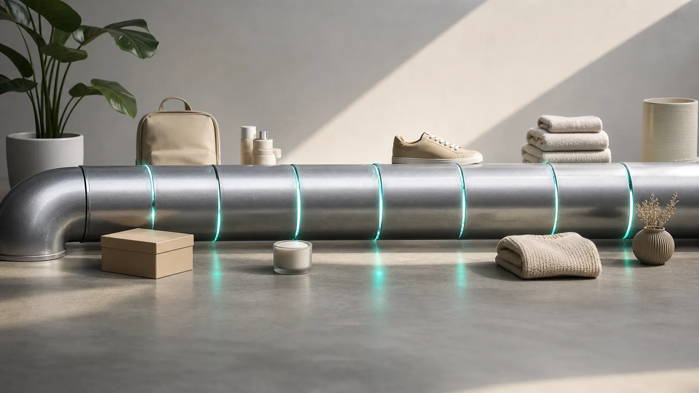 A sealed metallic conduit with thin seams of teal light escaping through a narrow gap