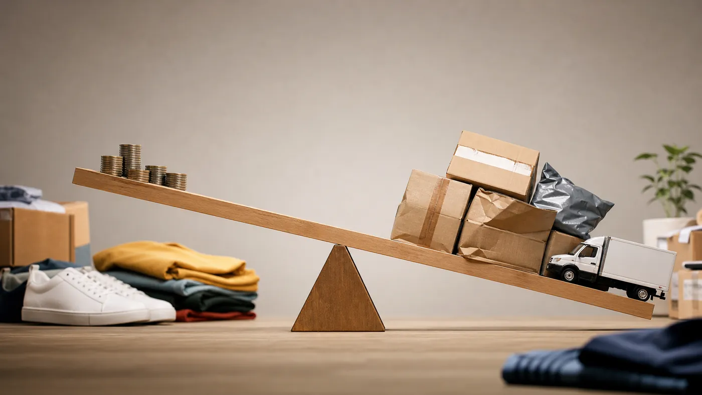 An abstract balance scale with coins on one side and a parcel tipping unfavorably