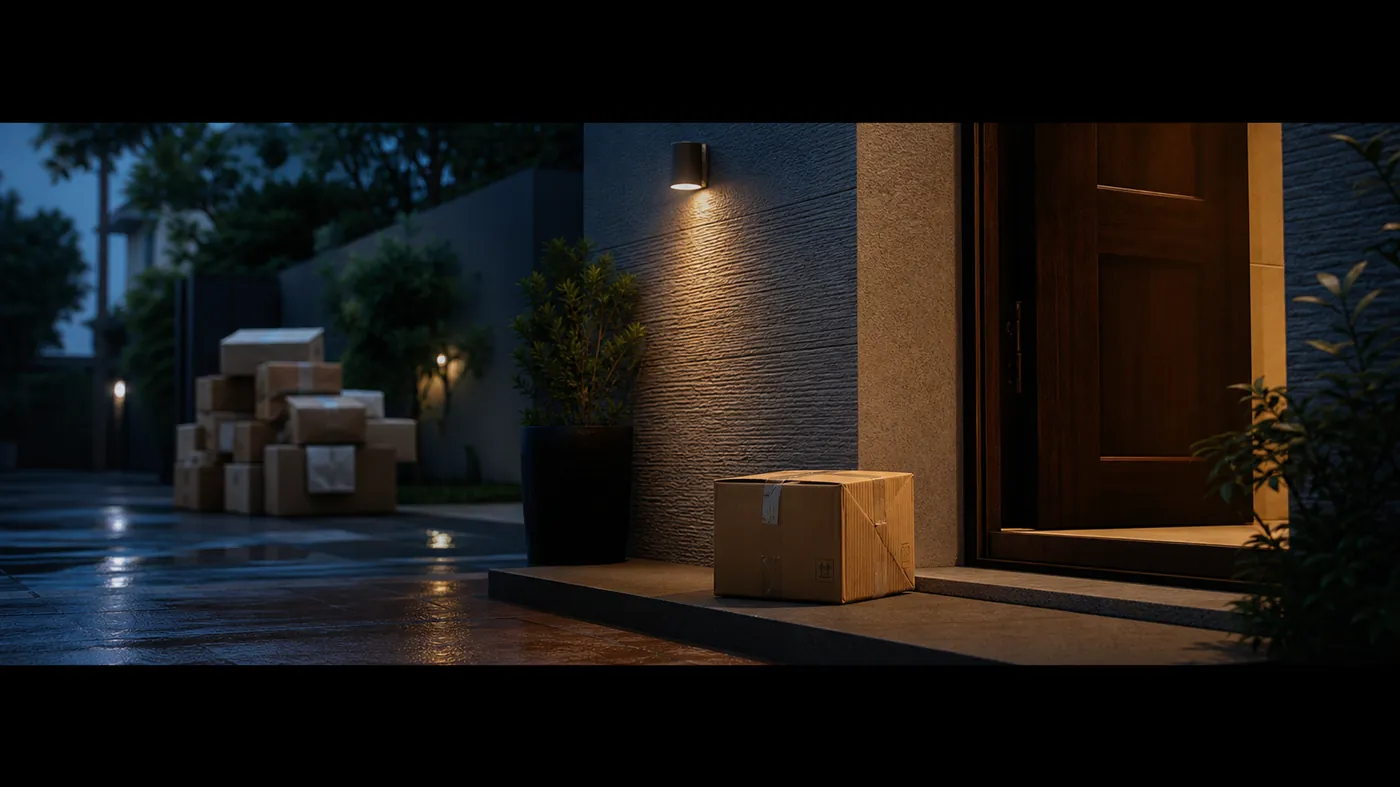 A cardboard parcel left on a dim doorstep at dusk with stacks of returned boxes in shadow