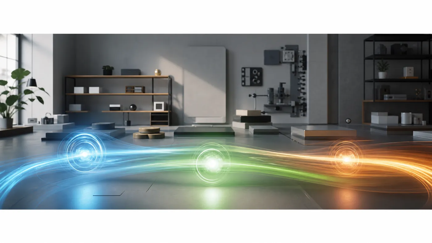 A glowing arc of racing energy trails with three distinct pulses of light on a dark stage