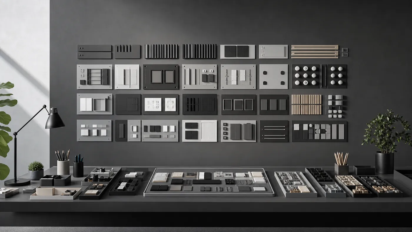 Neatly organised modular panels arranged in a clean grid on charcoal