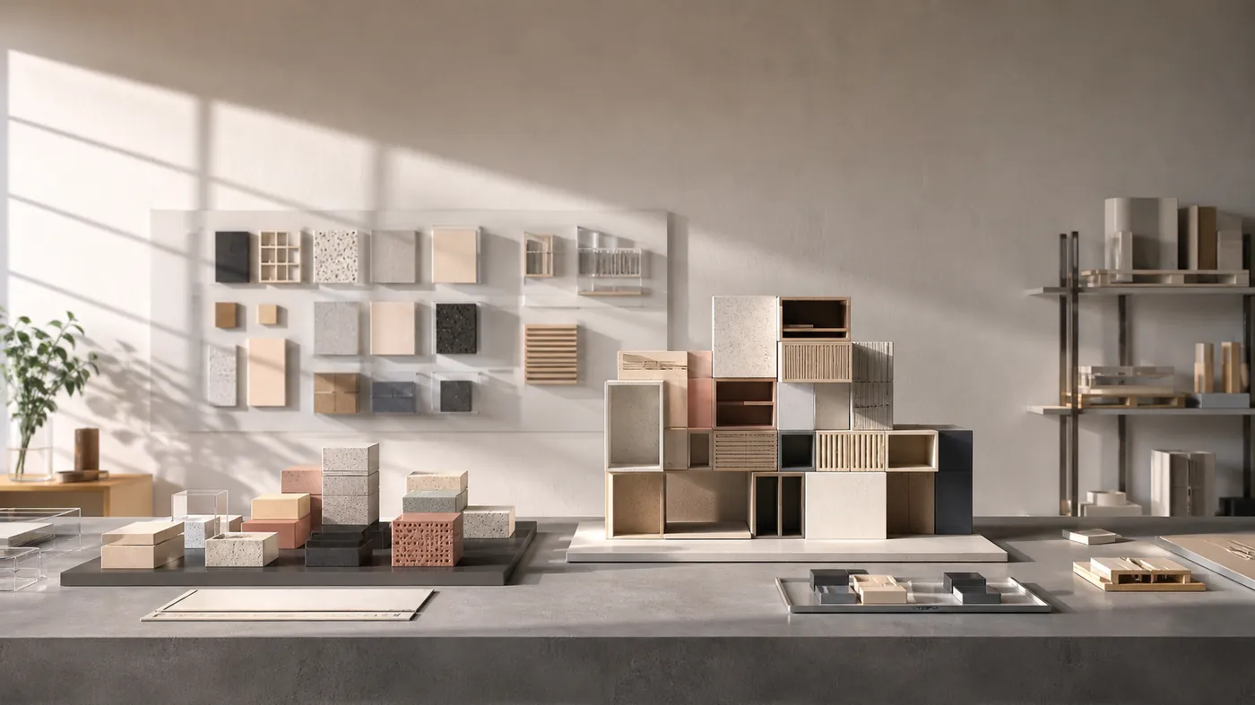 Modular geometric blocks assembling into an organised structure under studio light