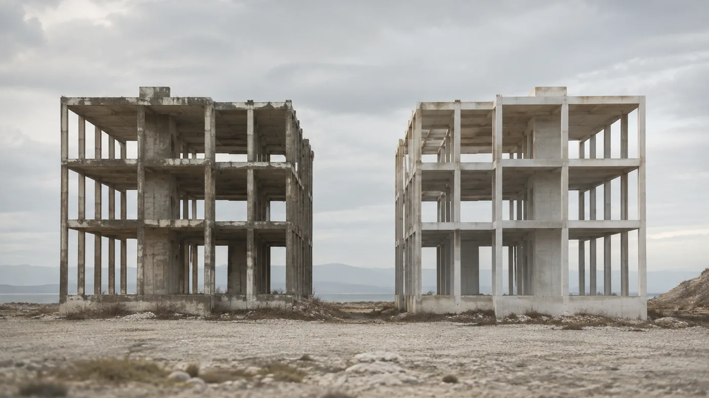 Two architectural frames of the same building, one established and one newly erected