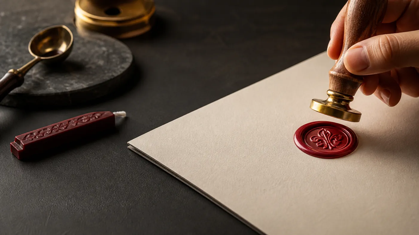 A premium wax seal and stamp pressing onto blank heavy paper on a dark surface