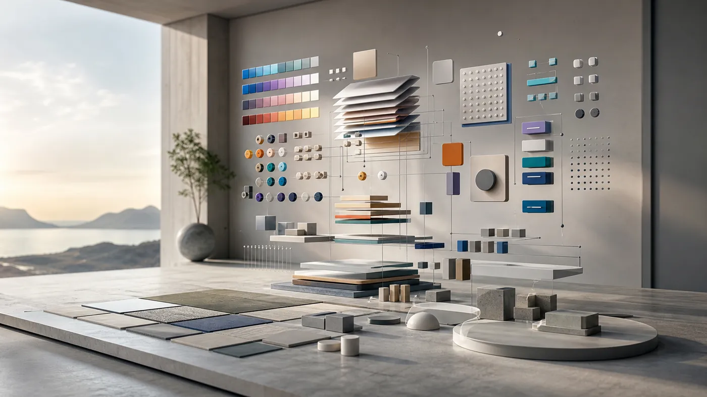An organized constellation of design tokens, swatches and geometric components floating in space