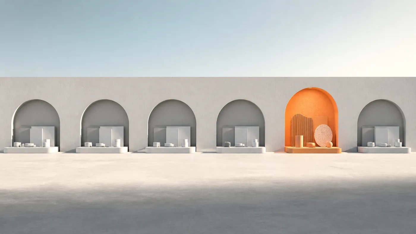 One vividly colored uniquely shaped object standing out among a grid of identical grey forms