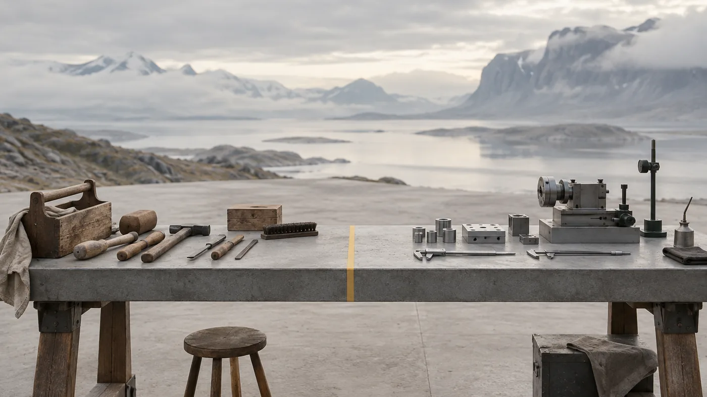 A workbench where hand tools give way to precision machinery at a marked line