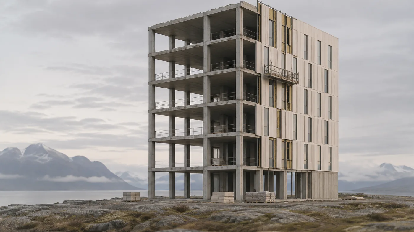 A building being re-clad while its structural frame stays untouched