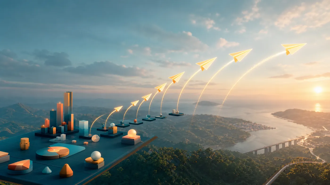 Concept image of glowing paper planes launching in a sequenced arc, each brighter than the last