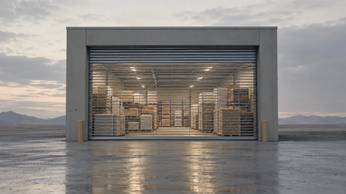A full, brightly lit warehouse interior seen through the closed steel shutter of a shopfront