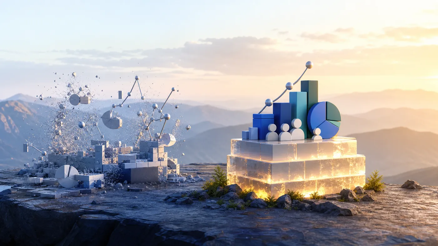 Concept image of a solid glowing foundation block while fragile old structures dissolve away