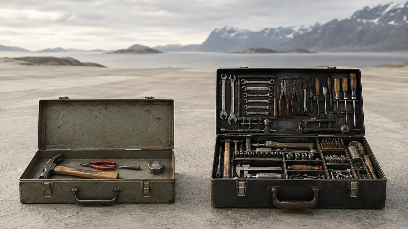 Two toolboxes open side by side, one sparse and orderly, one crowded with specialist tools