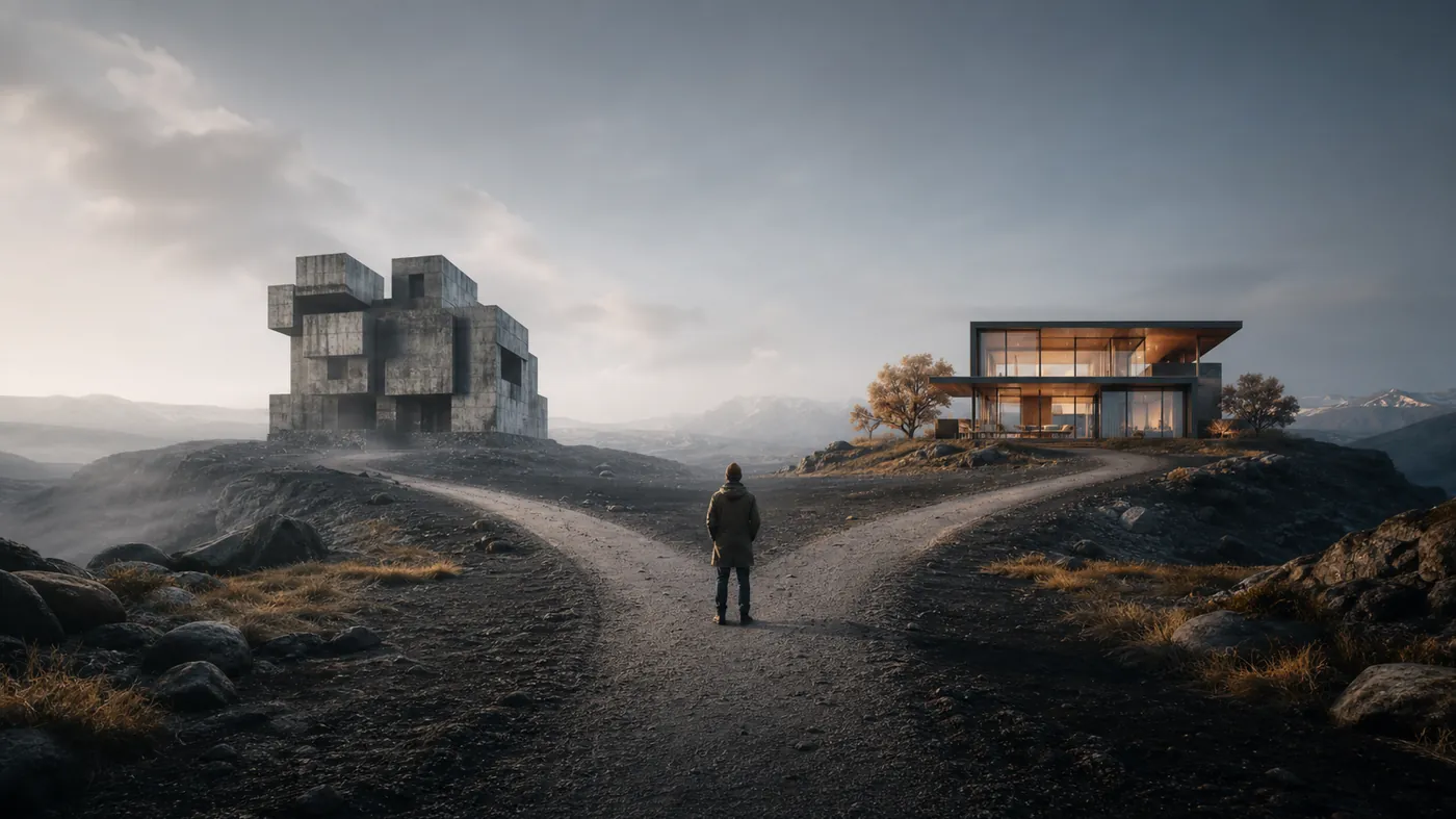 A glowing path splitting into two distinct architectural routes through darkness