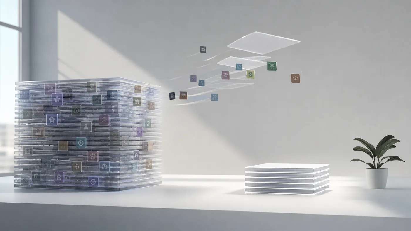 Stack of translucent layered panels with dimmed layers lifting away to reveal a lean stack