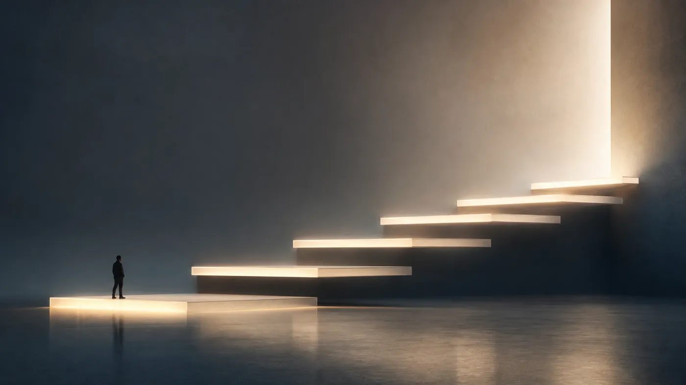 An ascending staircase of glowing light planes floating in darkness