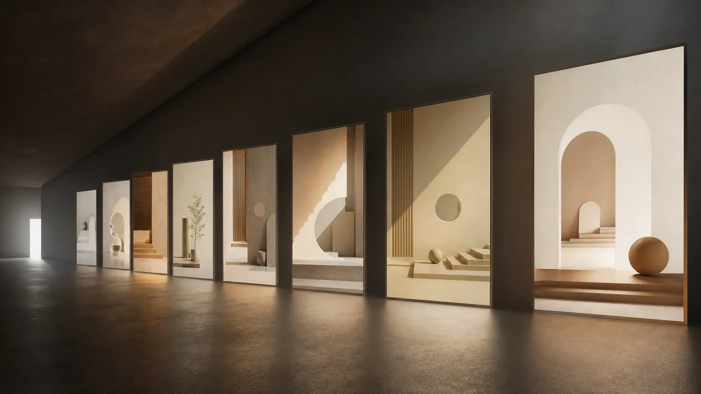 A rhythmic sequence of illuminated panels receding through a dark corridor