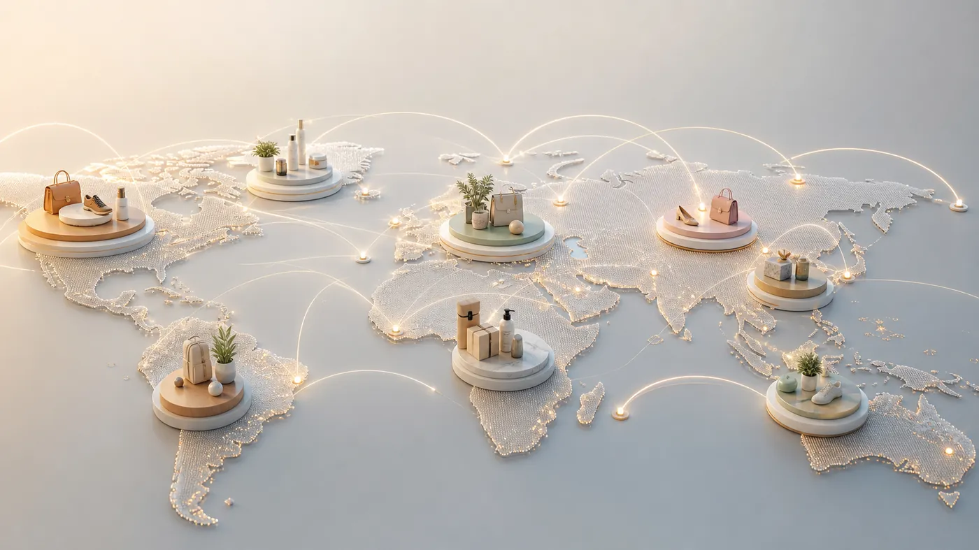 Elegant product forms on floating platforms distributed across a stylized world map of glowing light
