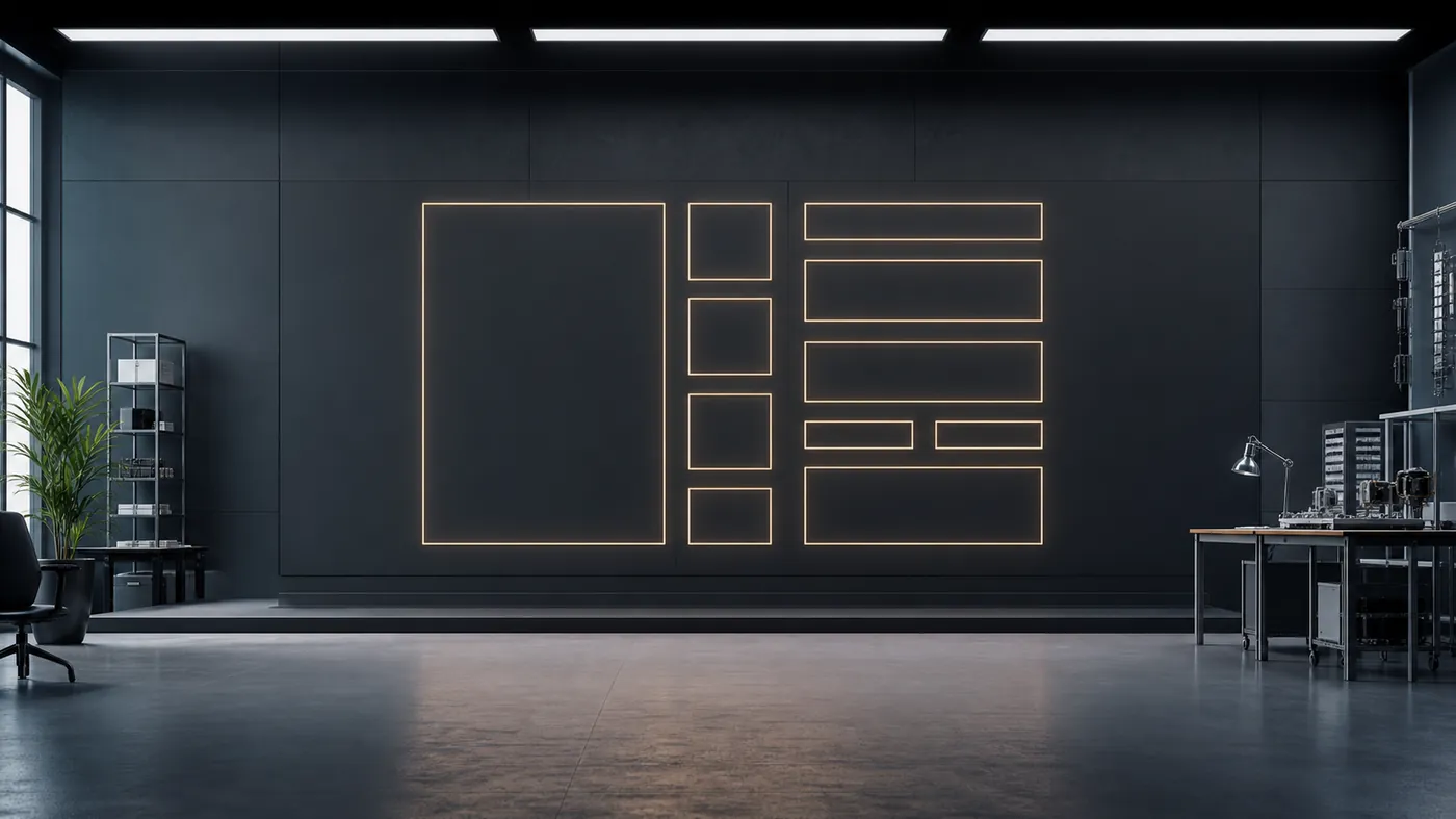A perfectly aligned grid of empty glowing frames on a dark stage waiting to be filled