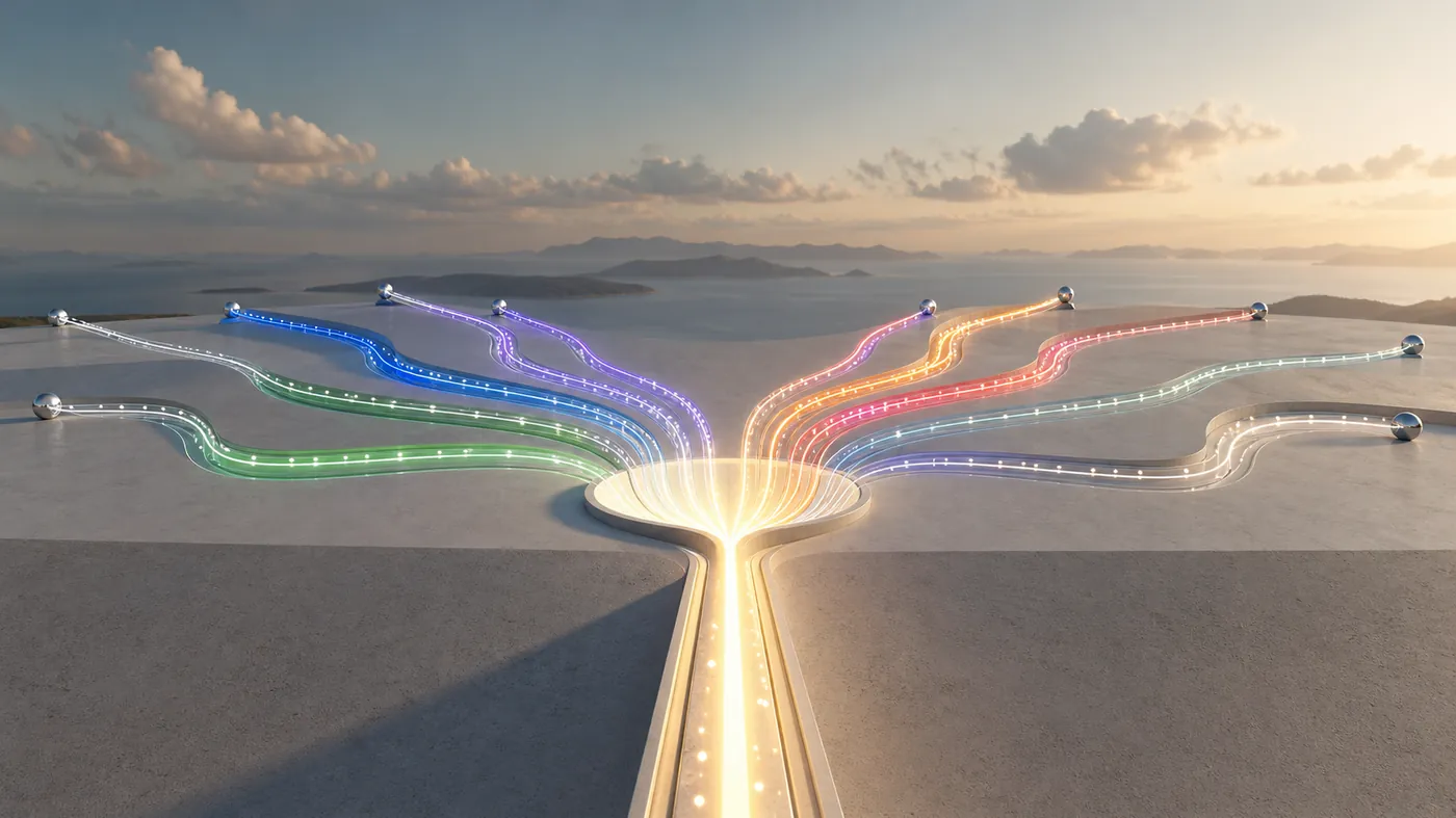 Concept image of many light trails from different directions converging into one clean beam