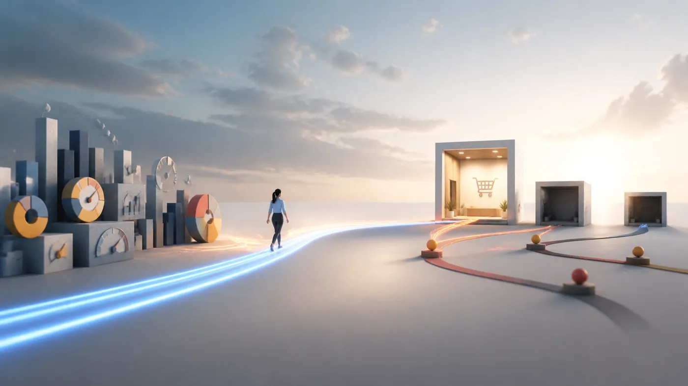 Concept image of a single glowing doorway at the end of a focused path of light