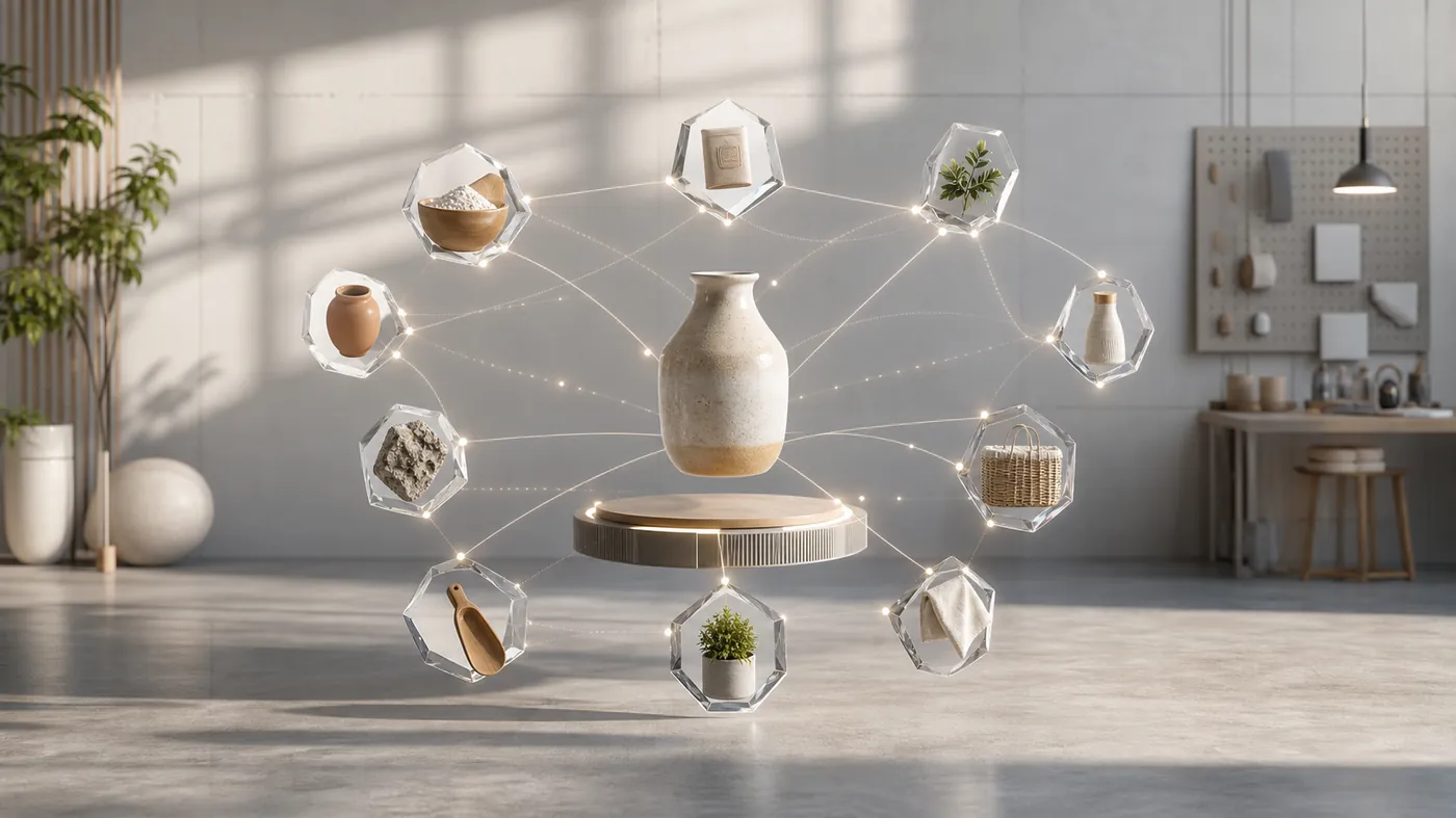 A central product form surrounded by orbiting crystal shards connected by glowing threads