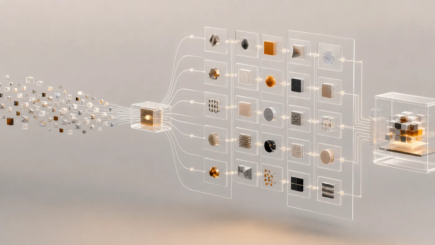 An organized lattice of translucent glass panels and glowing nodes on a dark background