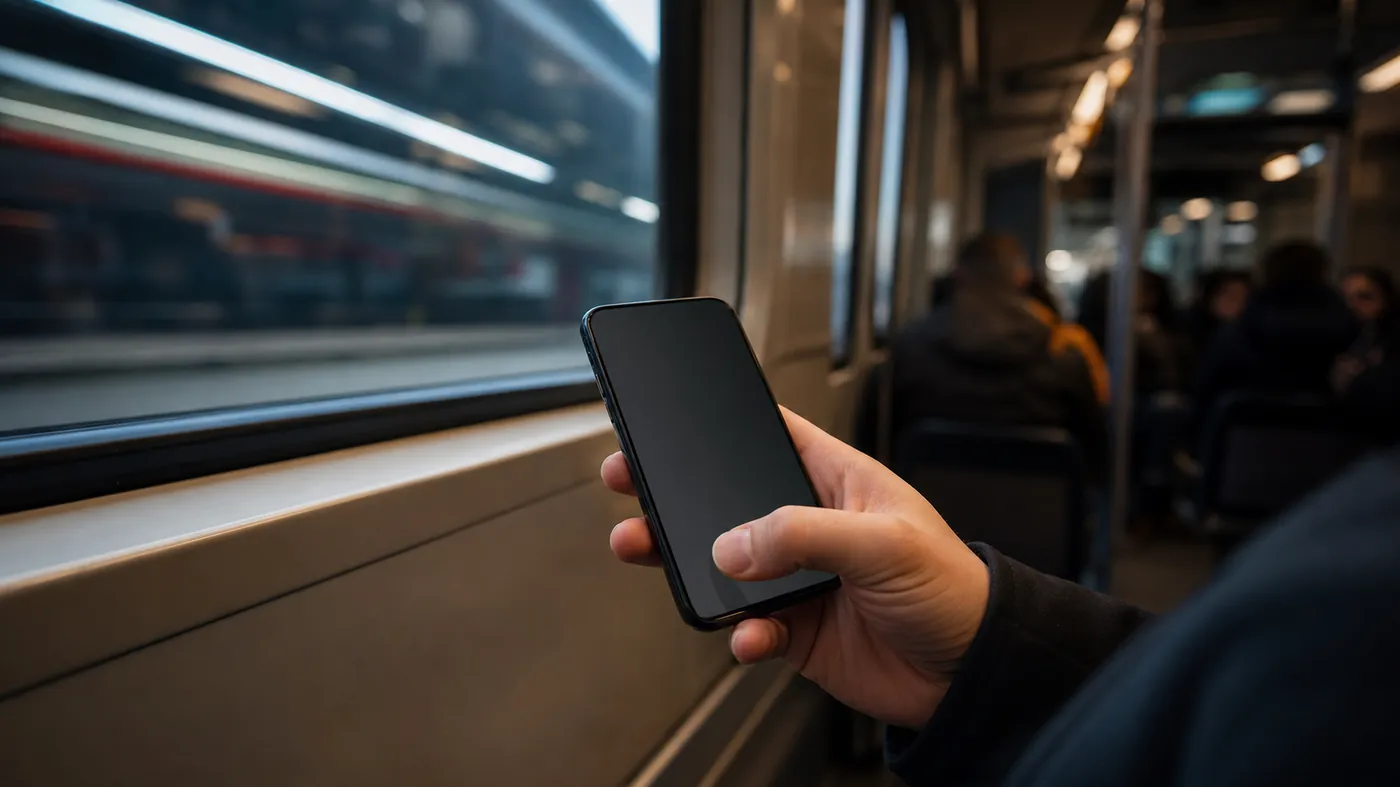 Hand holding a phone in dim light with a thumb reaching the lower screen