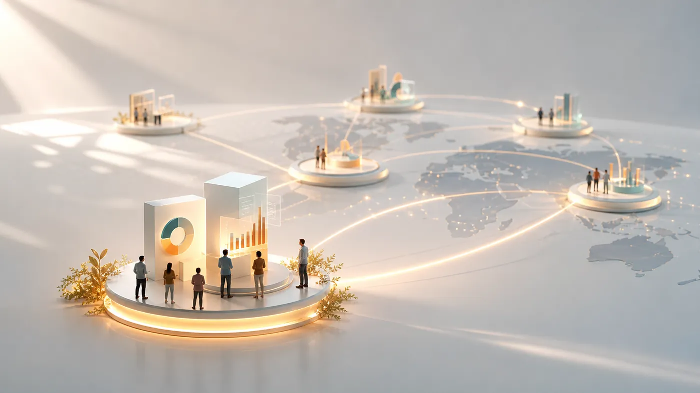 Concept image of one bright pedestal in front with softer glowing pedestals receding into space, connected by light