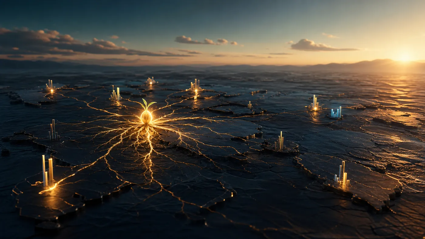 Concept image of a glowing seed sending branching roots outward into a wider dark territory with distant markers
