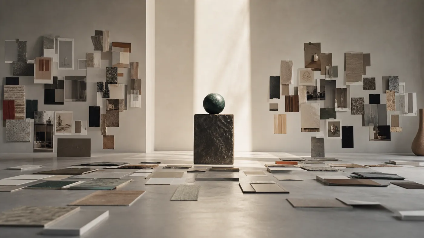 Scattered material swatches converging toward one bold object under a spotlight