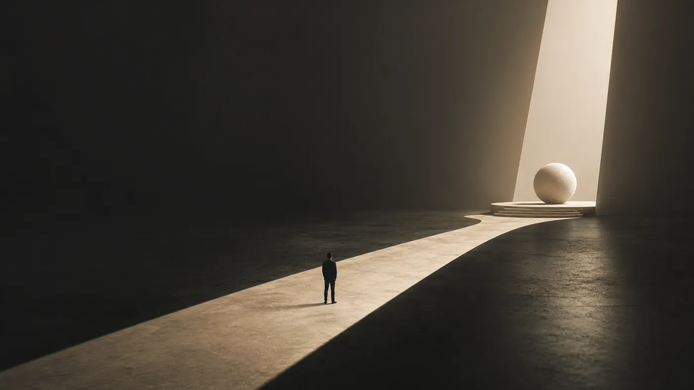 A single illuminated path cutting through darkness toward one focal object