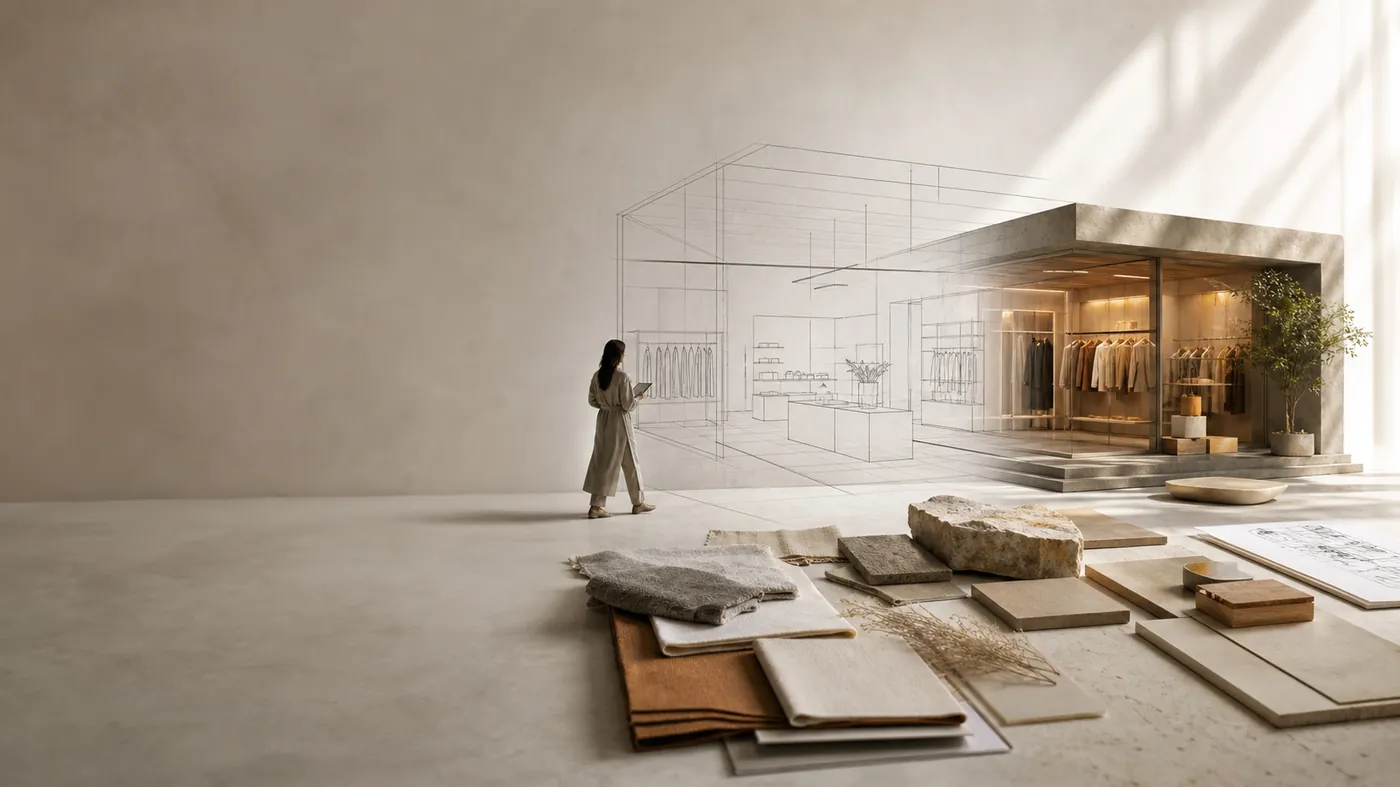 A wireframe blueprint of a retail space resolving into a solid branded storefront