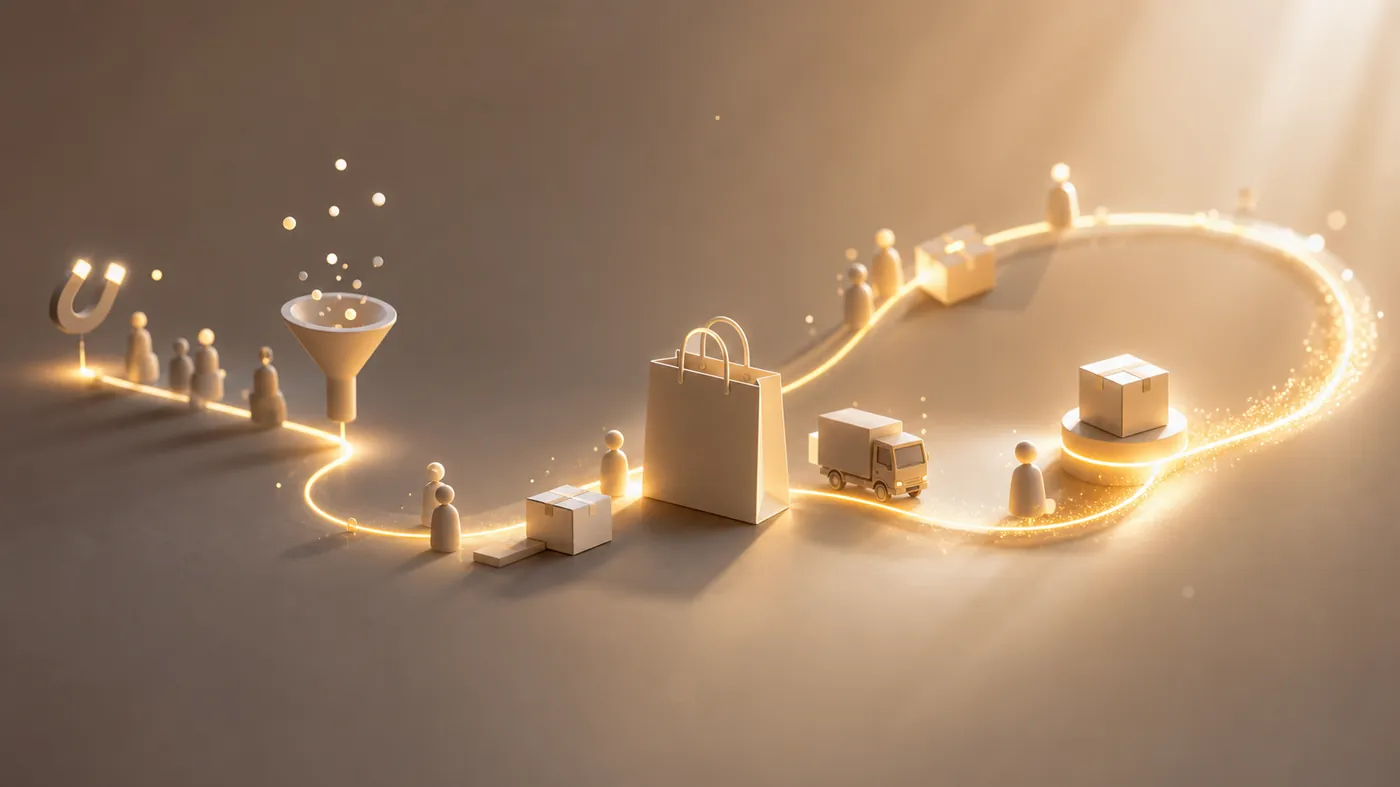 Concept image of a warm glowing loyalty loop of light circling back between two illuminated product forms