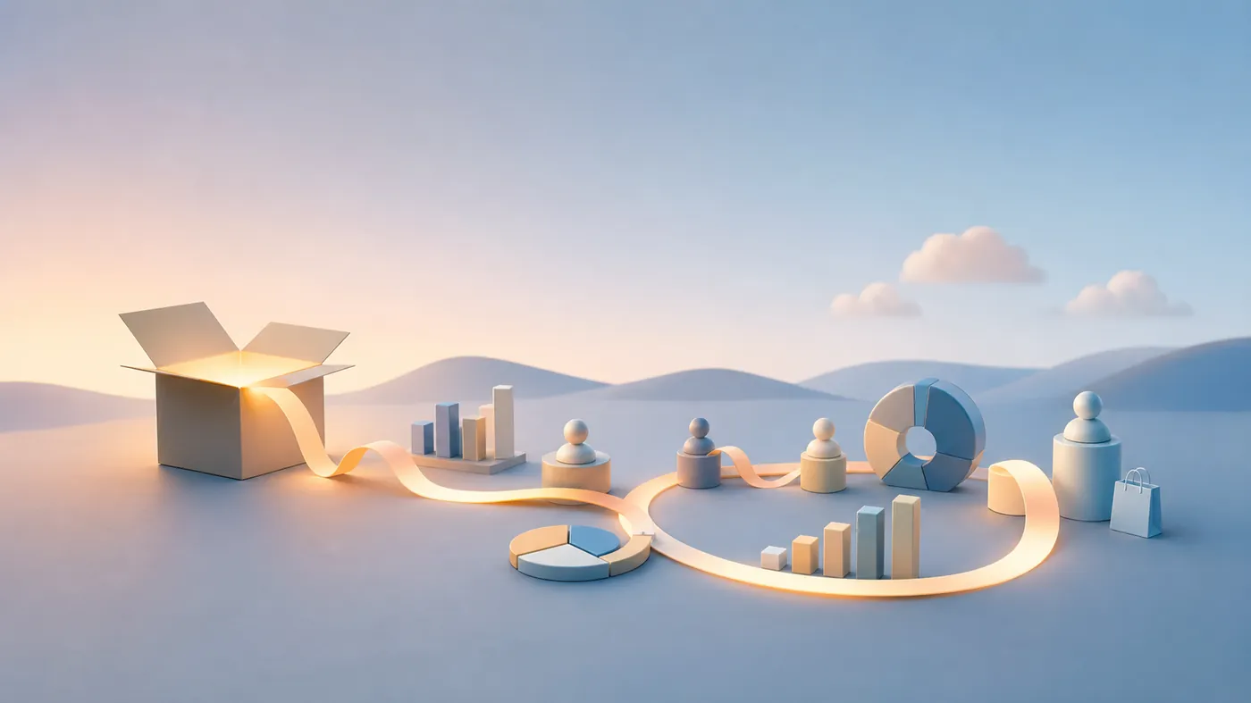 Concept image of an opened gift box of soft light releasing a ribbon that loops back toward it