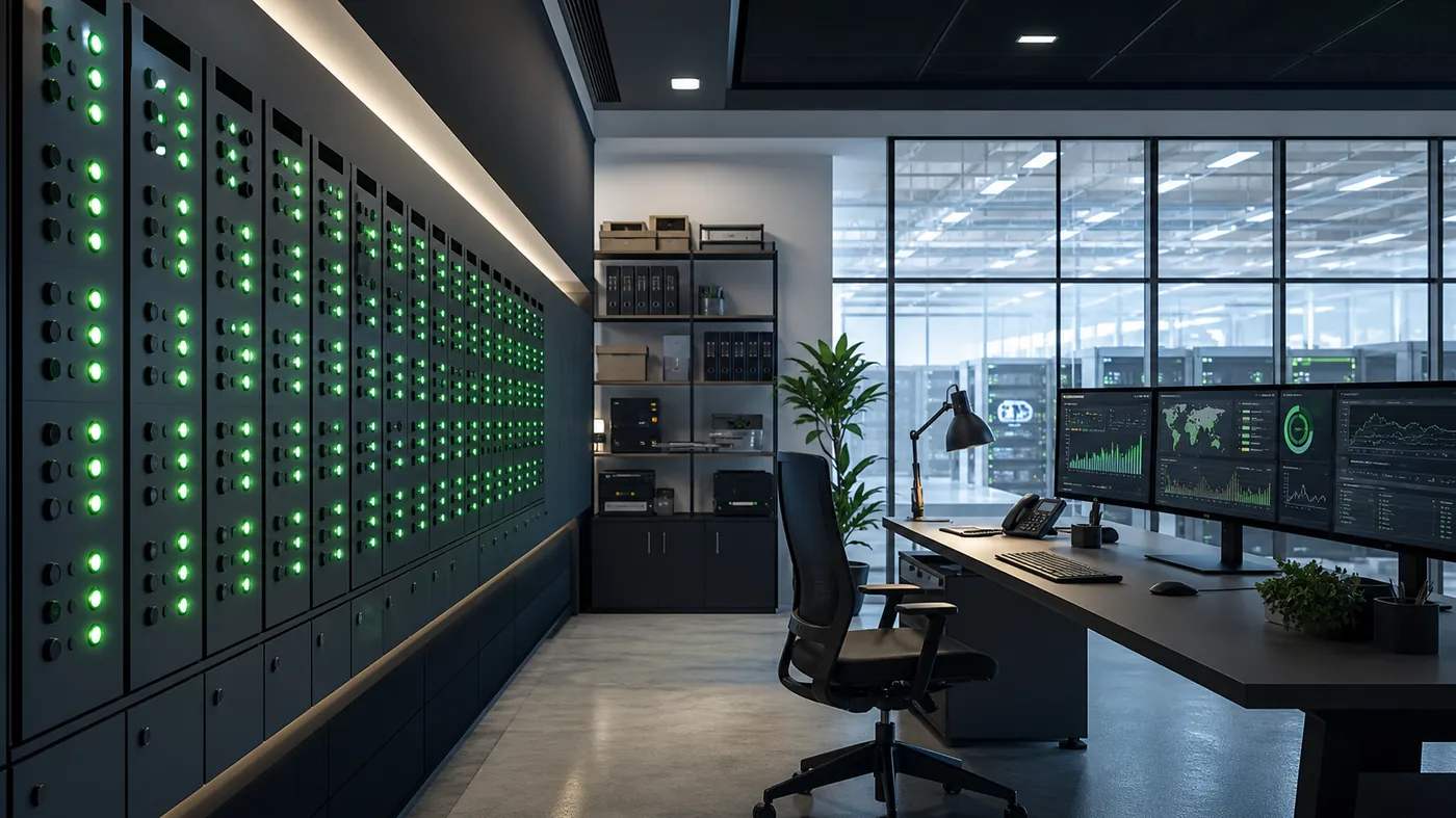 A control-room array of glowing status indicators all turning green on a dark panel