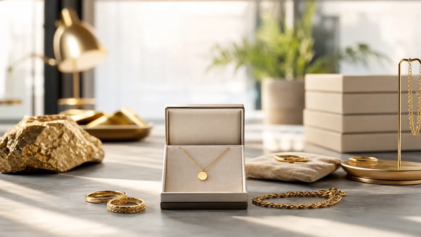 A single gold ring suspended in a dark studio with golden bokeh and faint data particles