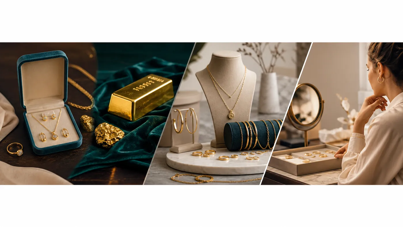 A gold bar and fine gold jewelry on dark velvet with a subtle rising line of light