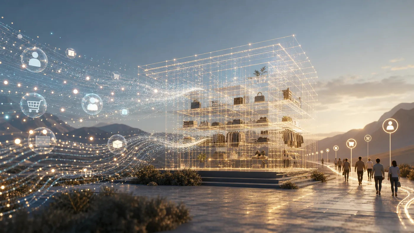 A storefront reimagined as a clean lattice of light being read by streams of intelligent particles