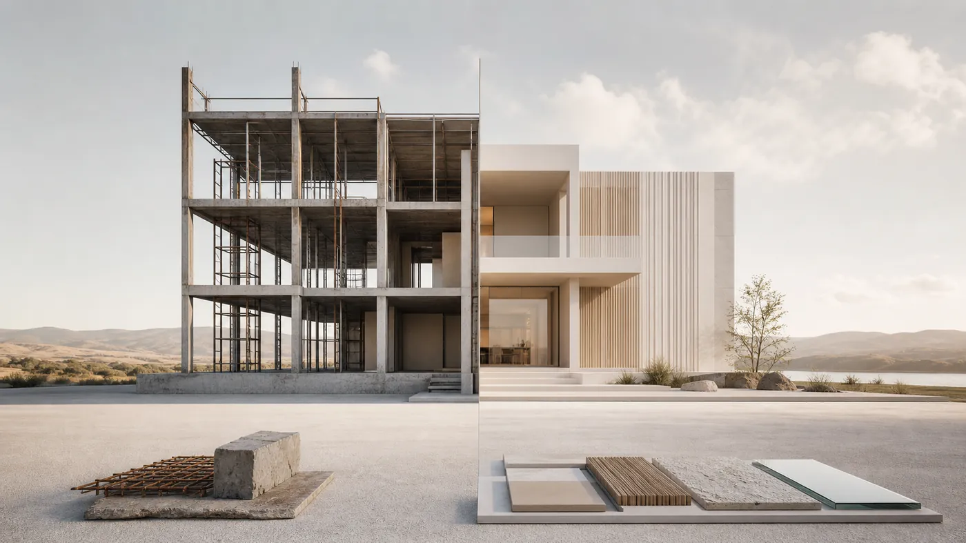 Architectural cross-section split between raw structural scaffolding and a polished refined surface