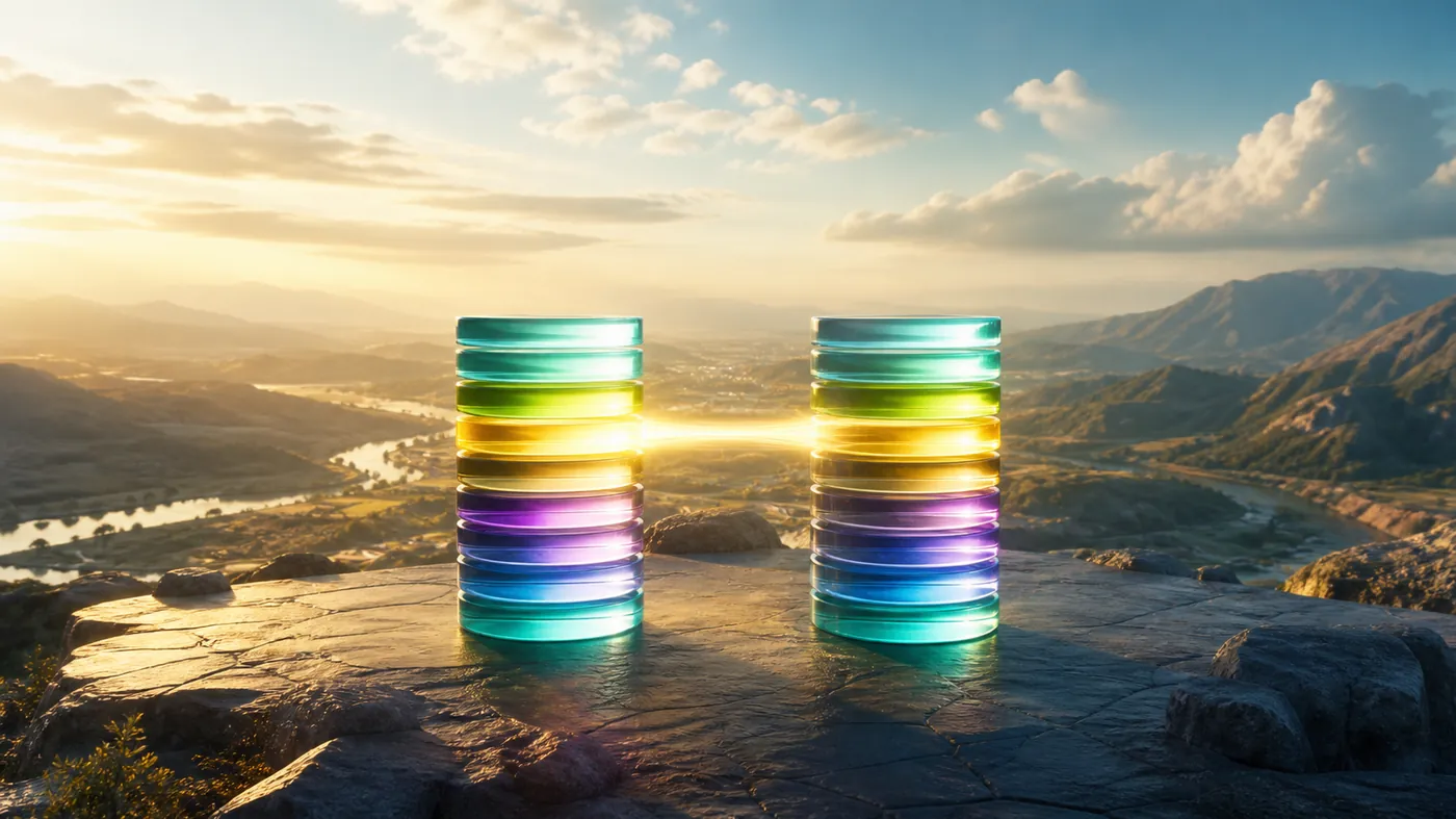 Concept image of two stacks of glowing discs being aligned by a beam of light