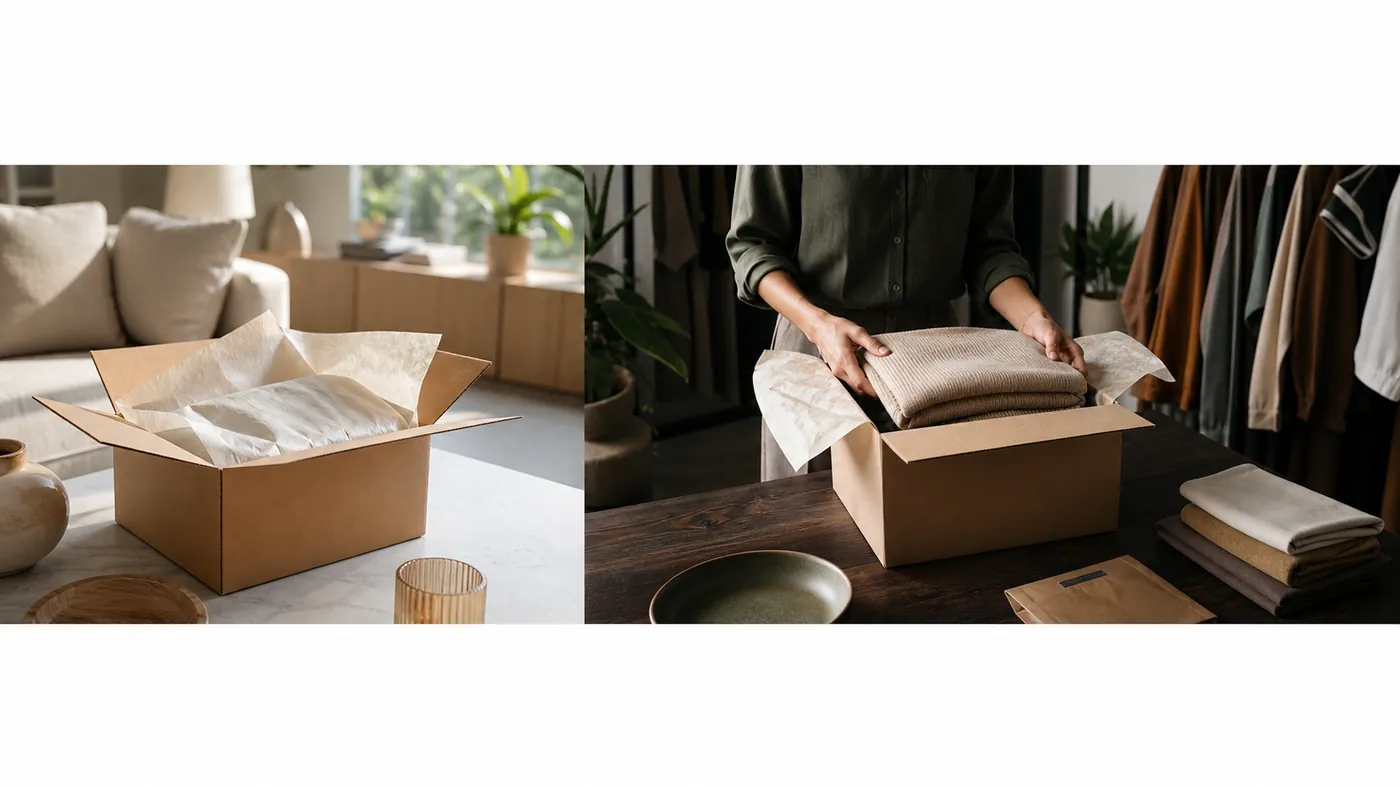 Clean premium open shipping box with folded tissue under warm studio light