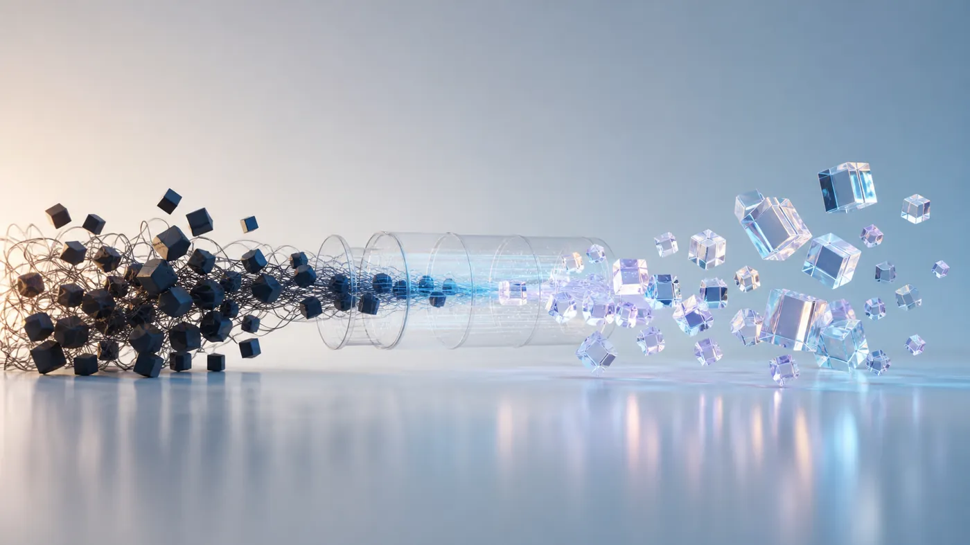 Glowing geometric cubes flowing through a conduit and turning into polished crystals