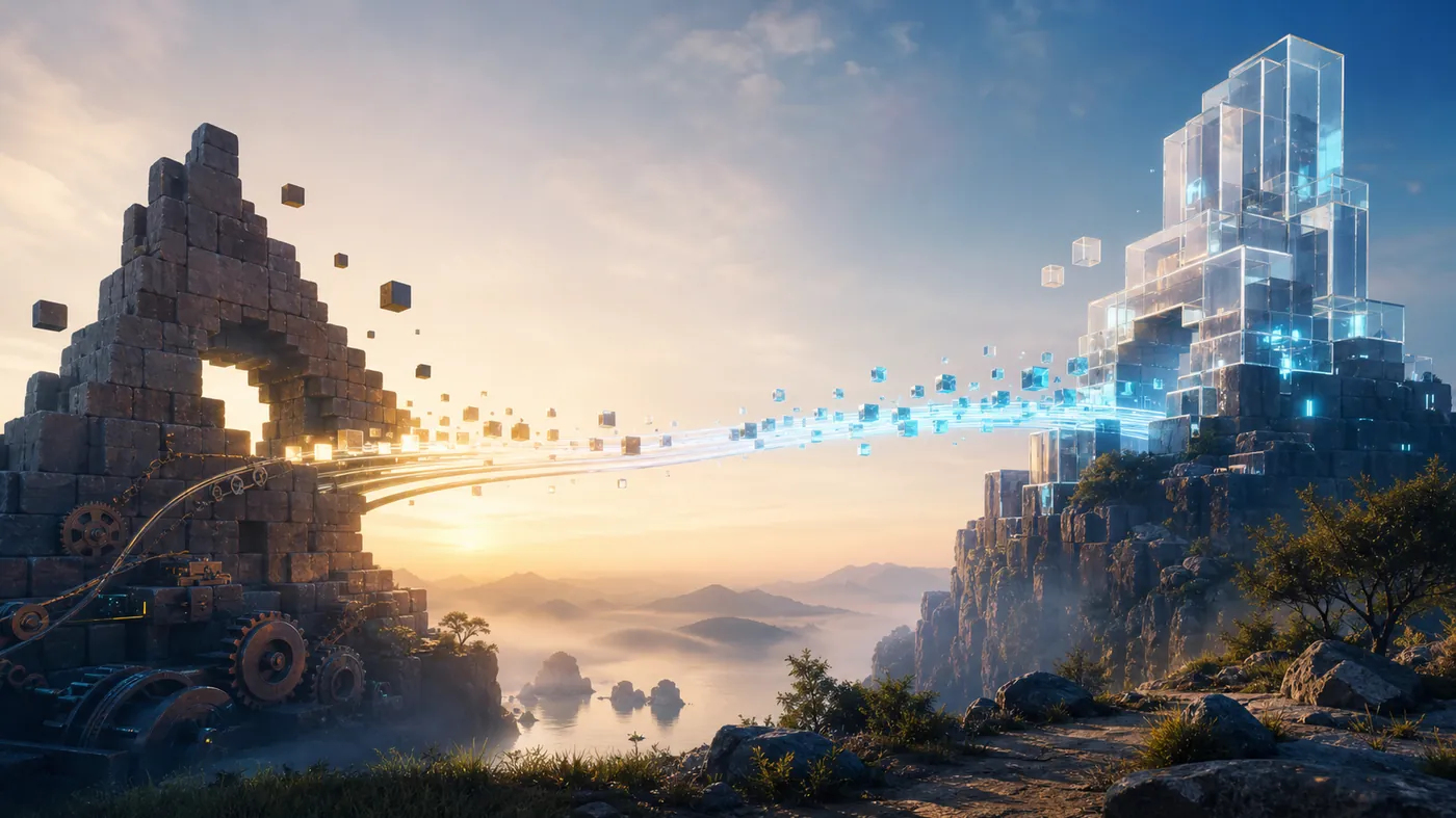 Abstract concept of logic migrating across a bridge of light from an old structure to a new crystalline one