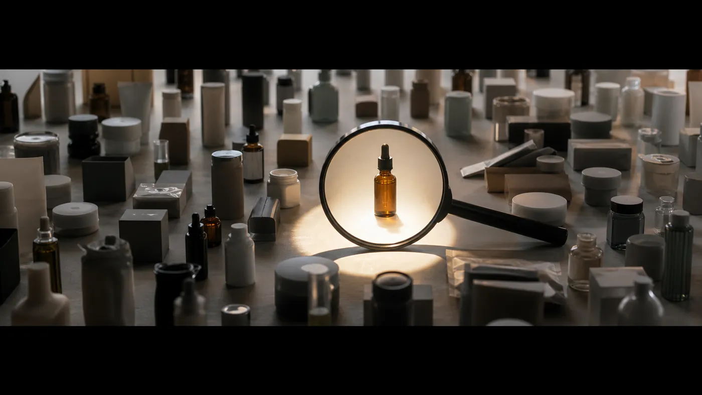 A magnifier lens focusing a bright beam onto one luminous object among many dim ones